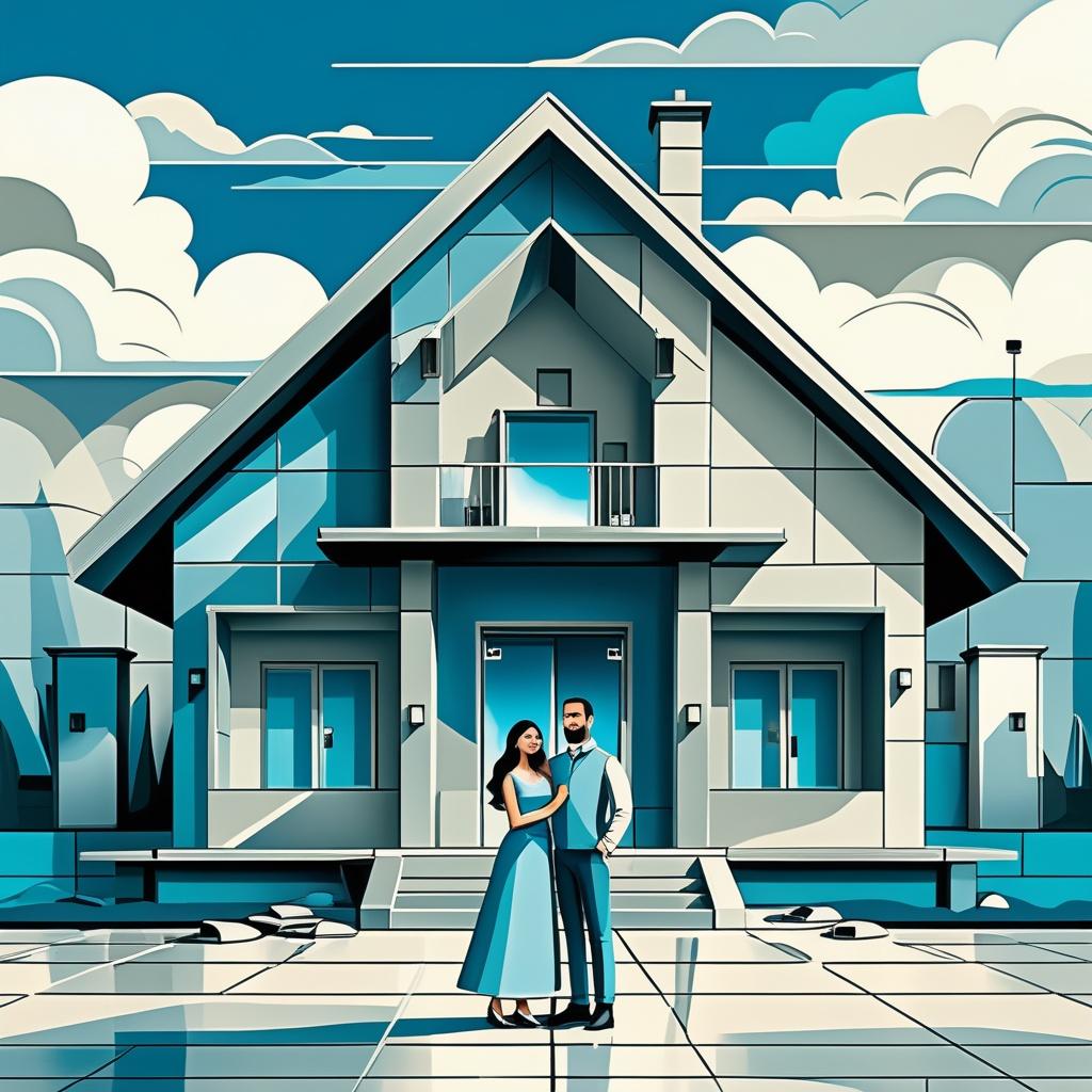Ein glückliches Paar steht vor einem schönen Traumhaus, moderne 3D-Illustration, Farben in Türkis und Grau, minimalistischer Hintergrund mit Wolken