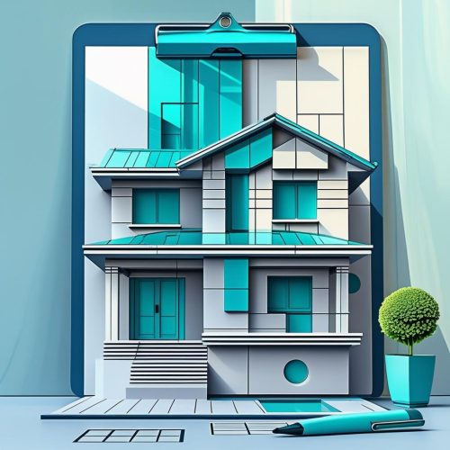 Ein Klemmbrett mit einem Hausplan angeheftet, moderne 3D-Illustration, Farben in Grau und Türkis